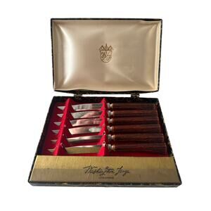 Vintage Cutlery 6 Washington Forge Sheffield Stainless Steak Knives Faux Stag